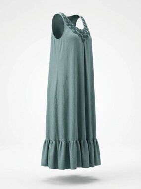 Seafoam Blue Boho Rosette Neckline Sleeveless Nightgown / Lounge Dress